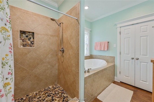 bathroom with separate shower and tub and crown molding