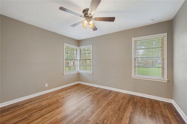 unfurnished room with wood-type flooring and ceiling fan