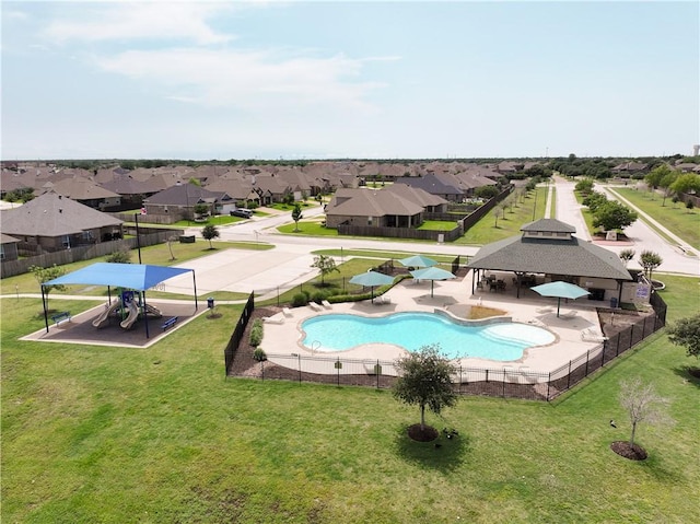 15658 Long Creek Ln, College Station, TX 77845 - view of pool featuring a patio, fence, a gazebo, a yard, and a residential view