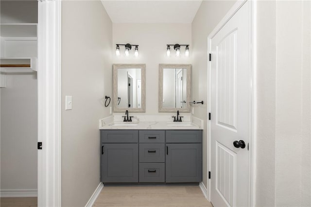 bathroom with double vanity, wood finished floors, baseboards, and a sink