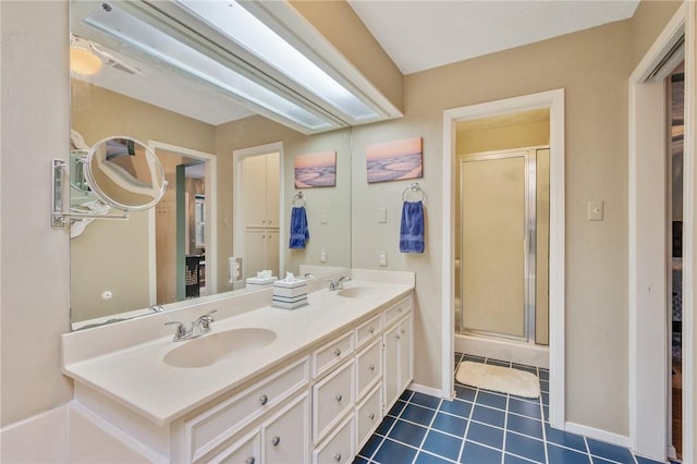 bathroom featuring tile patterned flooring, vanity, and a shower with door