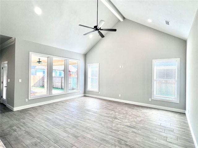 unfurnished living room with beamed ceiling, high vaulted ceiling, light hardwood / wood-style flooring, and ceiling fan