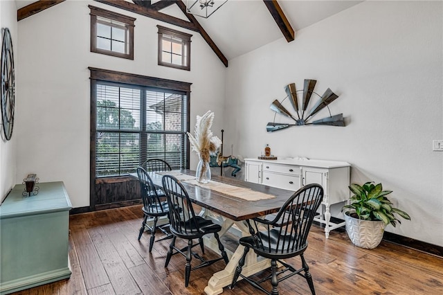 dining space with beamed ceiling, wood-type flooring, and high vaulted ceiling