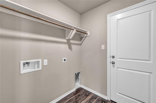 clothes washing area with baseboards, electric dryer hookup, laundry area, dark wood-style floors, and hookup for a washing machine