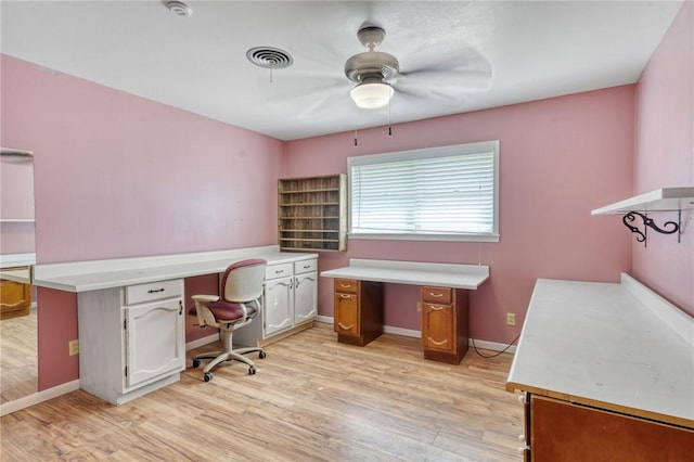 home office with ceiling fan and light wood-type flooring