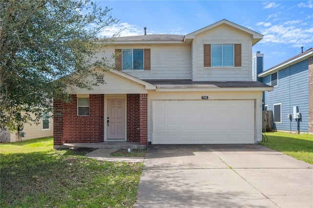 traditional home featuring an attached garage, a front yard, concrete driveway, and brick siding