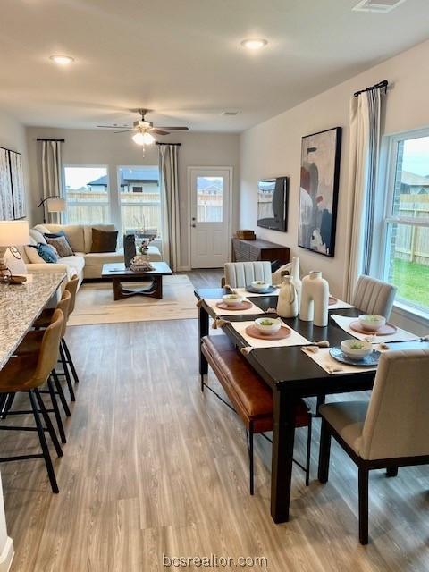 dining space featuring light hardwood / wood-style floors, plenty of natural light, and ceiling fan