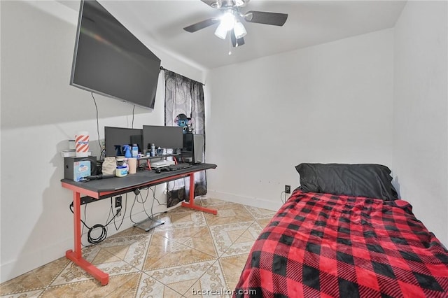 tiled bedroom featuring ceiling fan