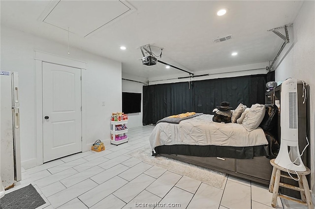 bedroom with white fridge with ice dispenser