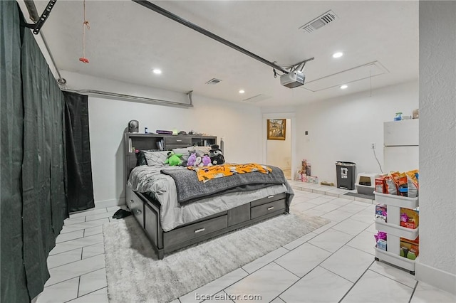 bedroom featuring white fridge