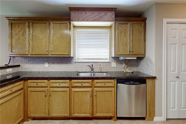 kitchen with sink, stainless steel dishwasher, backsplash, and dark stone counters