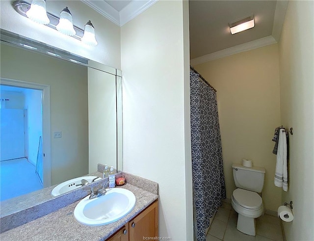 801 Luther St W Unit 401, College Station, TX 77840 - full bathroom featuring ornamental molding, vanity, toilet, tile patterned flooring, and curtained shower