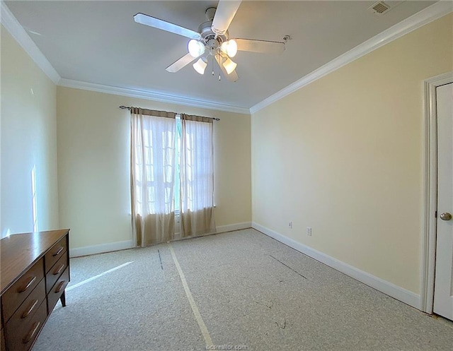 801 Luther St W Unit 401, College Station, TX 77840 - empty room with baseboards, crown molding, a ceiling fan, and light colored carpet