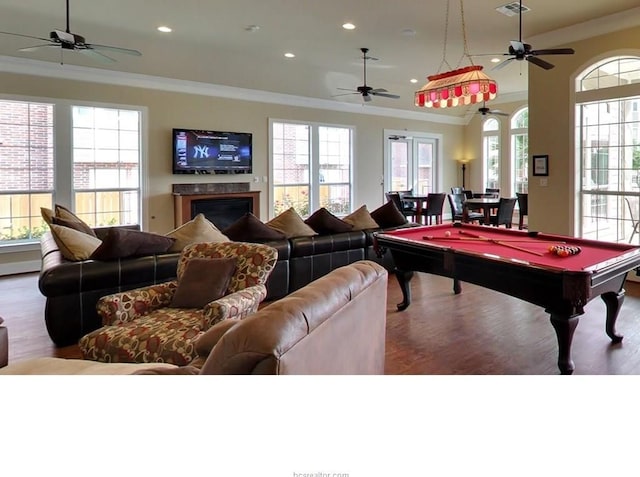 recreation room with wood-type flooring, a healthy amount of sunlight, and pool table