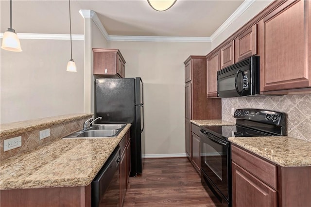 kitchen with dark wood-type flooring, black appliances, sink, tasteful backsplash, and decorative light fixtures