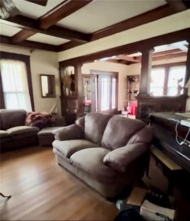 living room featuring light hardwood / wood-style floors and beam ceiling