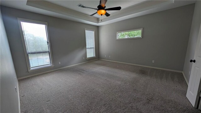 spare room with a raised ceiling, carpet, and baseboards