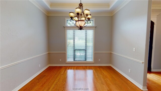 spare room featuring a raised ceiling, a chandelier, and light hardwood / wood-style floors