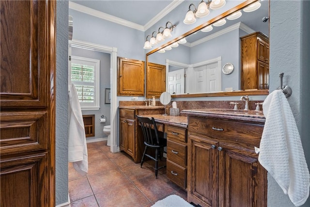 17265 Fm 2154th Rd, College Station, TX 77845 - bathroom with double vanity, toilet, tile patterned floors, and crown molding