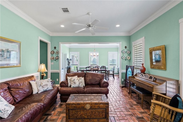 17265 Fm 2154th Rd, College Station, TX 77845 - living area featuring a chandelier, ceiling fan, ornamental molding, recessed lighting, and baseboards
