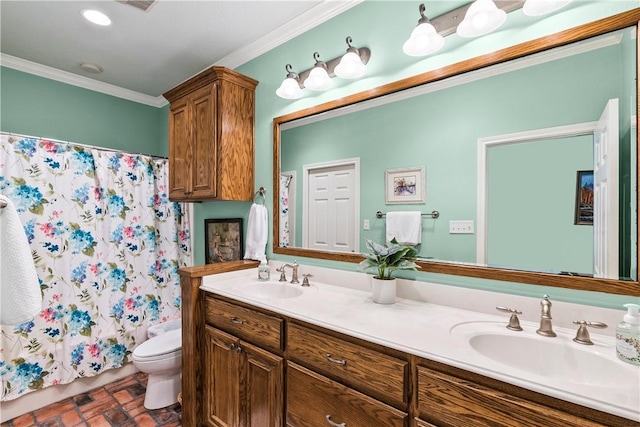 17265 Fm 2154th Rd, College Station, TX 77845 - bathroom featuring ornamental molding, toilet, double vanity, and a shower with shower curtain