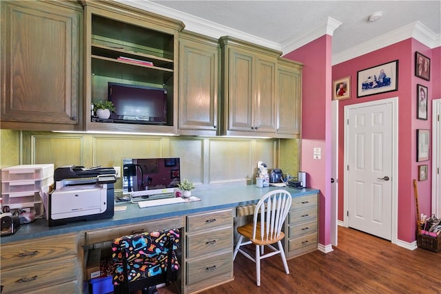 17265 Fm 2154th Rd, College Station, TX 77845 - office featuring built in desk, crown molding, dark wood finished floors, and baseboards