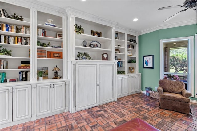 17265 Fm 2154th Rd, College Station, TX 77845 - living area featuring brick patterned flooring, a ceiling fan, baseboards, crown molding, and recessed lighting