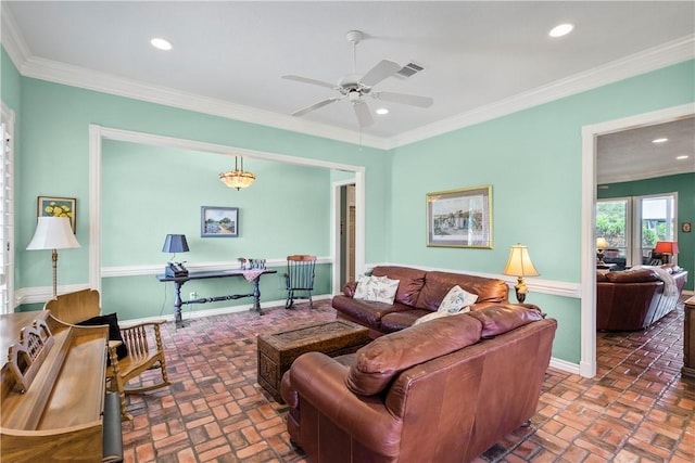 17265 Fm 2154th Rd, College Station, TX 77845 - living area with brick floors, baseboards, ceiling fan, recessed lighting, and crown molding