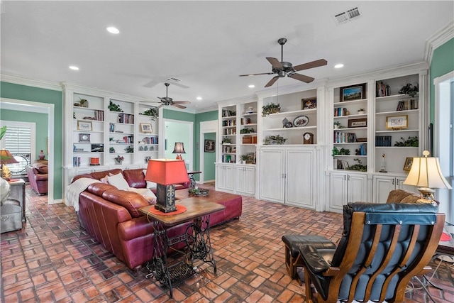 17265 Fm 2154th Rd, College Station, TX 77845 - living area with ceiling fan, crown molding, brick patterned floors, recessed lighting, and baseboards