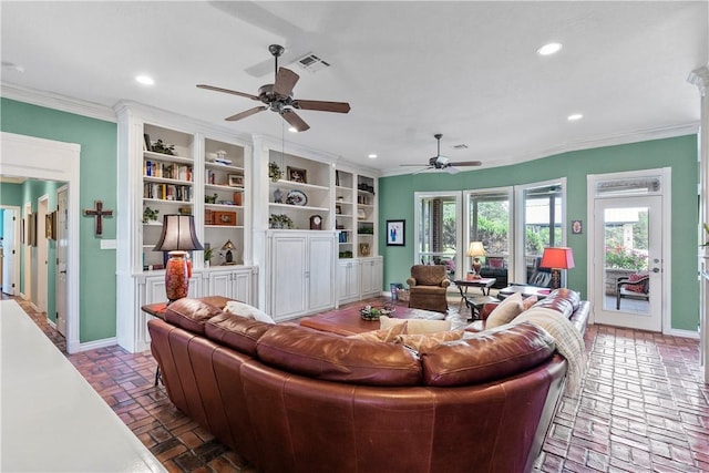 17265 Fm 2154th Rd, College Station, TX 77845 - living room with brick floors, baseboards, a ceiling fan, recessed lighting, and ornamental molding