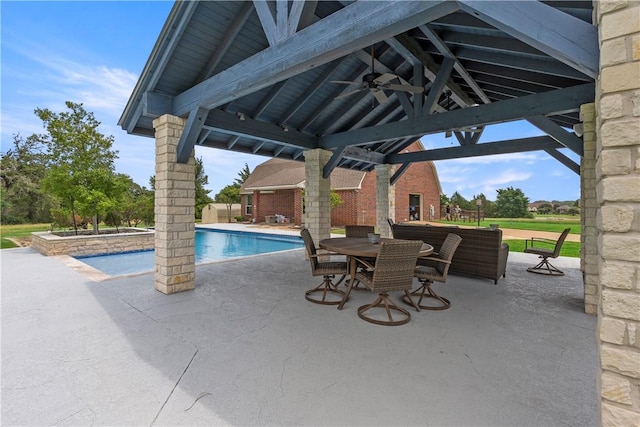17265 Fm 2154th Rd, College Station, TX 77845 - swimming pool with a gazebo, a ceiling fan, a patio area, and outdoor dining space