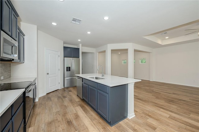 kitchen with appliances with stainless steel finishes, light hardwood / wood-style flooring, sink, backsplash, and a center island with sink