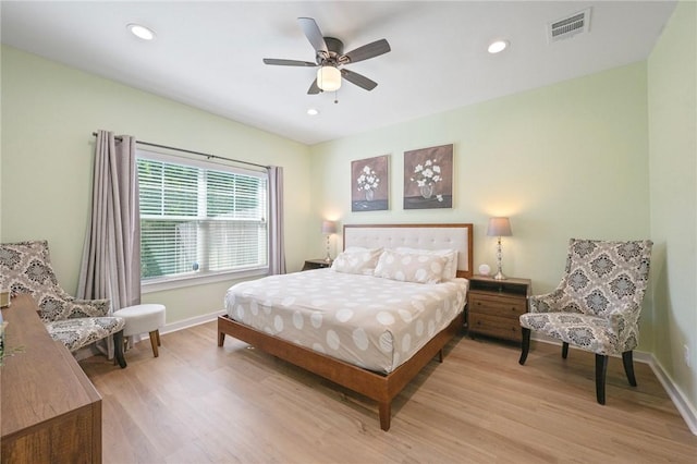 3914 Alamosa St, College Station, TX 77845 - bedroom with light wood-type flooring, baseboards, recessed lighting, and a ceiling fan