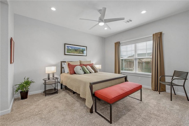 1749 Dakota Ln, College Station, TX 77845 - bedroom with light colored carpet, baseboards, recessed lighting, and ceiling fan