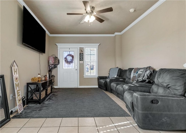 tiled living room featuring ceiling fan and crown molding