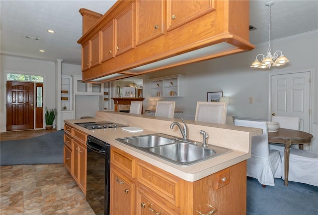 kitchen with dishwasher, a kitchen island with sink, sink, crown molding, and a notable chandelier