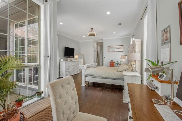 bedroom with dark wood-type flooring, recessed lighting, and crown molding