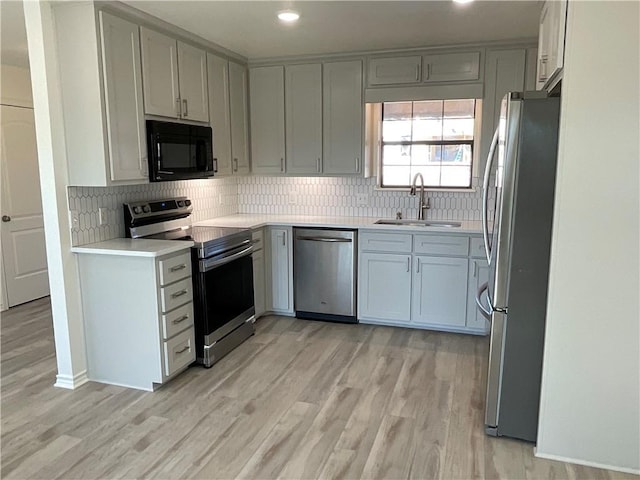 15933 Goliad Loop, Temple, TX 76502 - kitchen featuring appliances with stainless steel finishes, a sink, light wood-style flooring, decorative backsplash, and recessed lighting
