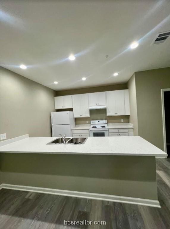 1305 W Villa Maria Rd Unit D107, Bryan, TX 77801 - kitchen with white appliances, a sink, white cabinets, under cabinet range hood, and light countertops