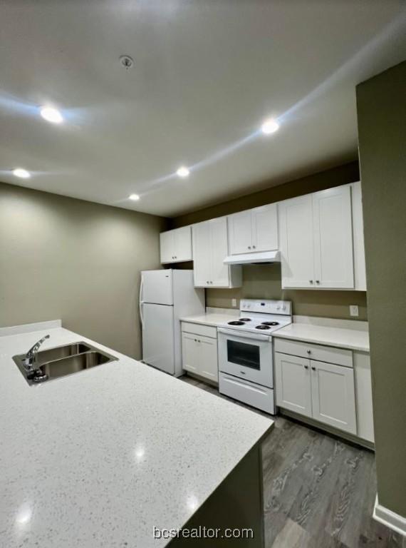 1305 W Villa Maria Rd Unit D107, Bryan, TX 77801 - kitchen with white appliances, a sink, under cabinet range hood, light countertops, and wood finished floors