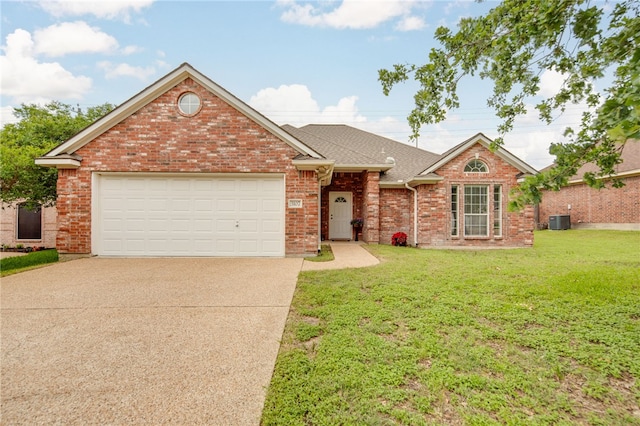 single story home with central AC, brick siding, a garage, a front yard, and concrete driveway