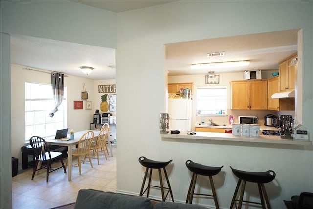 kitchen with visible vents, plenty of natural light, freestanding refrigerator, and under cabinet range hood