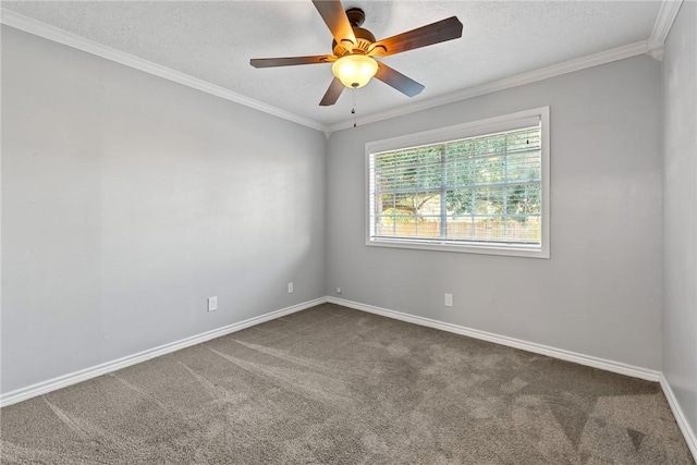 unfurnished room featuring ceiling fan, carpet floors, a textured ceiling, and ornamental molding