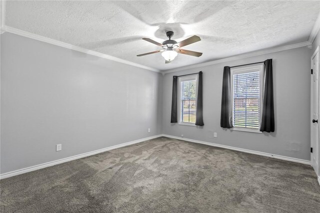 carpeted empty room with ceiling fan, a textured ceiling, and ornamental molding