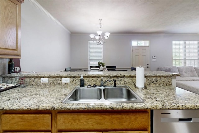 130 Forest Dr, College Station, TX 77840 - kitchen with stainless steel dishwasher, a chandelier, crown molding, a sink, and light stone countertops