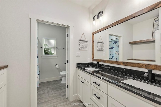 bathroom with wood-type flooring, vanity, and toilet