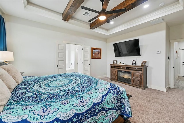 carpeted bedroom with beam ceiling and ceiling fan