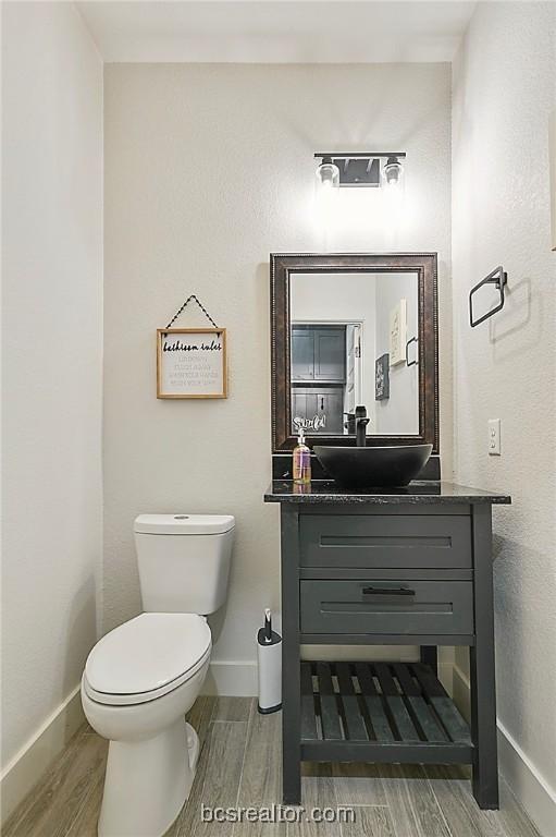 bathroom with vanity, hardwood / wood-style flooring, and toilet