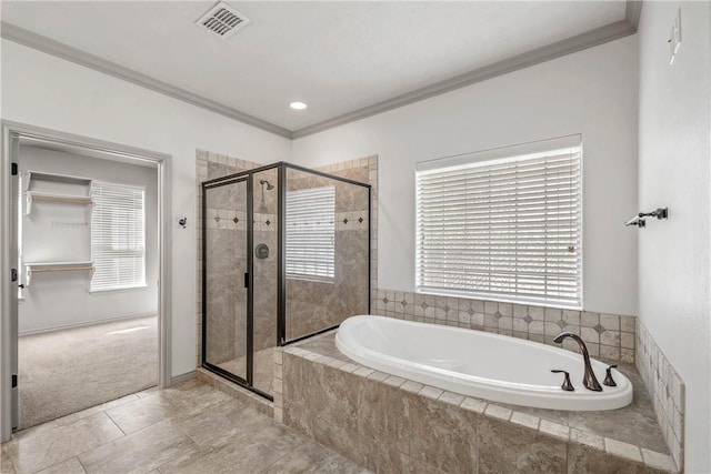 4662 Hidden Springs Way, College Station, TX 77845 - full bathroom with a garden tub, a shower stall, ornamental molding, tile patterned flooring, and baseboards