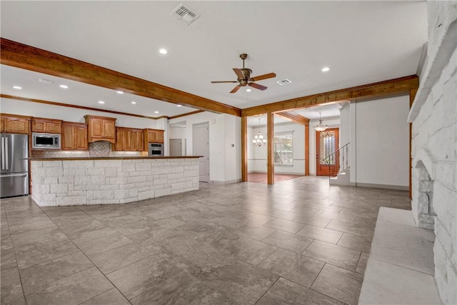 4662 Hidden Springs Way, College Station, TX 77845 - unfurnished living room featuring ornamental molding, ceiling fan, a chandelier, beamed ceiling, and recessed lighting